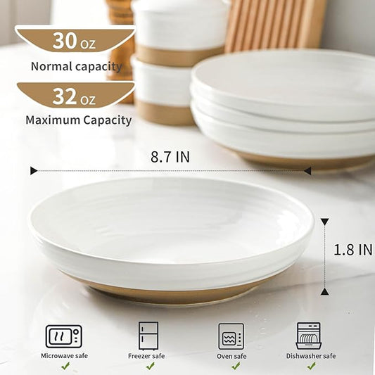 Hasense Ceramic Pasta Bowls, 32 Ounce Serving Bowls for Kitchen, 8.7 Inch White Bowls Set for Furit, Salad, Pasta - Shallow Soup Bowls Set of 2, Dishwasher & Microwave Safe
