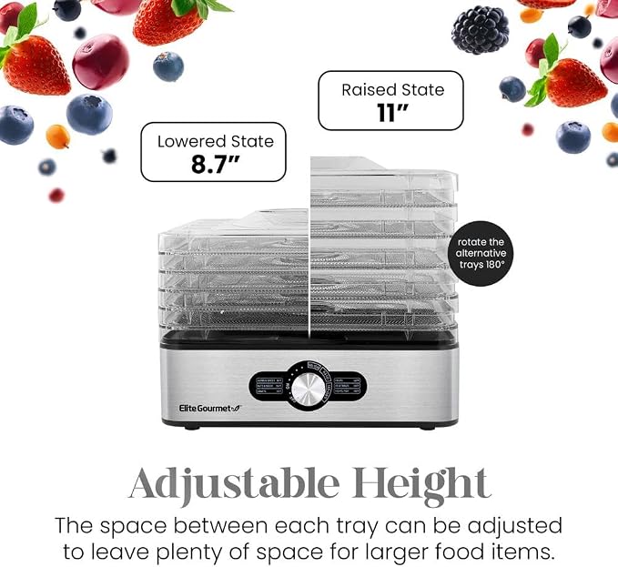 Elite Gourmet EFD3321 Food Dehydrator, Stainless Steel Trays & Finish | Adjustable temperature controls - makes jerky, herbs, fruit & veggies into dried snacks - doubles for meat & herb drying too