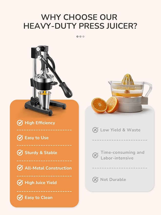 QCen Manual Citrus Juicer Cast Iron Heavy Duty Orange Press | Stainless Steel Strainer, Hand Squeezer, Easy To Clean, For Orange, Lemon, Lime And Grapefruit, Black