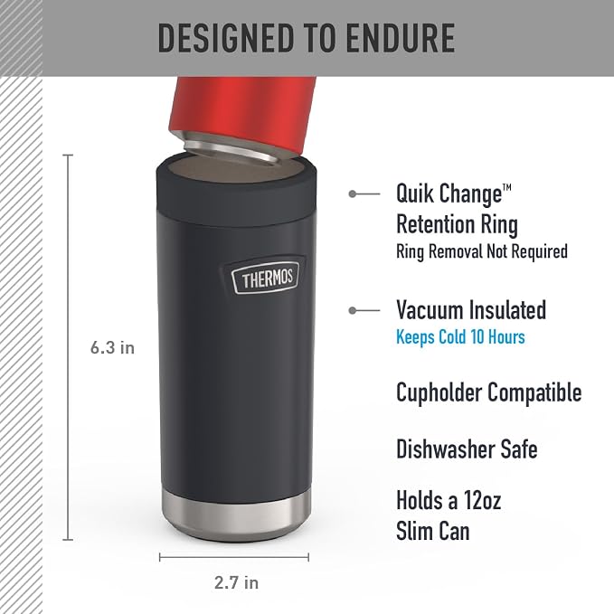 THERMOS ICON SERIES, Slim Beverage Can Insulator - 12 Ounce, Granite - Vacuum Insulated Stainless Steel