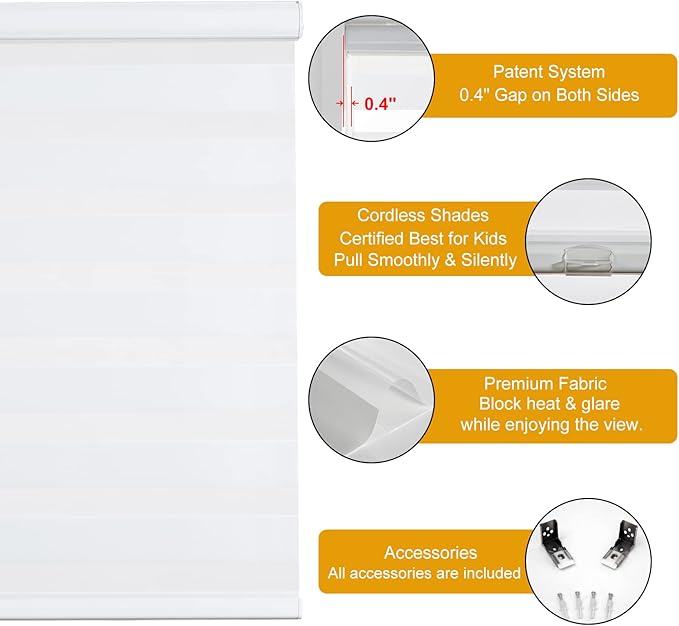 Persilux Cordless Zebra Blinds for Indoor Windows, Free-Stop Light Filtering Sheer Shades, Dual Layer for Day and Night, Roller Shades for Home (35.25" W X 64" H, White)