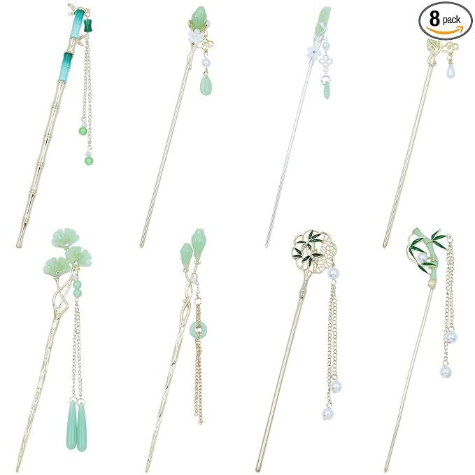 inSowni 8 Pieces Vintage Asian Chinese Traditional Hanfu Gold Metal Artificial Jade Bamboo Flower Butterfly Hair Pins with Pearl Bead Pendants Long Hair Sticks Forks Bun Updo Hairpins for Women Girls