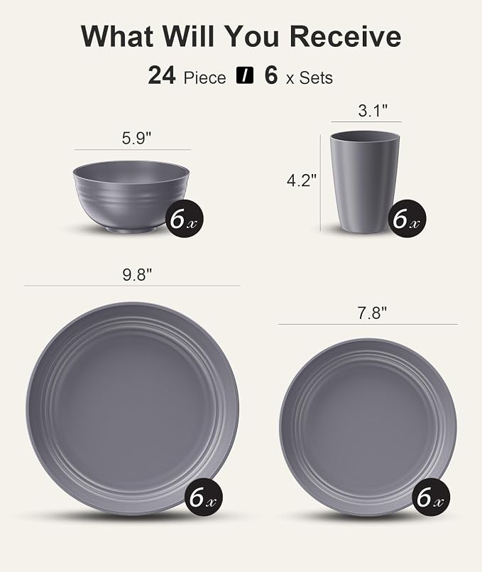 Quatish 24 Piece Plates and Bowls Sets for 6, Unbreakable Dinnerware Sets, Plastic Dish Set for Camping, Dishwasher Microwave Safe, Outdoor Kitchen and Apartment Dorm Dinning RV Essentials, Grey
