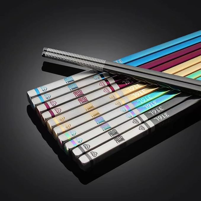 5 PaIrs Color 316 Stainless Steel 18/10 Reusable Chopsticks Set With Case Rainbow Multicolor Non-Slip Chopsticks Black Purple Gold Colored Blue For Dining Sushi Noodle Hot Pot,Dishwasher Safe