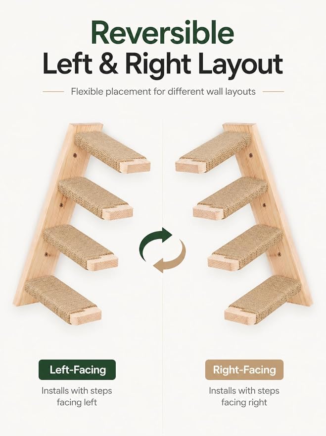 Cat Wall Shelves with Cats Window Perch – 4-Piece Wooden Cat Climbing Furniture Set with Soft Foam Curved Bed, Flat Shelf & 2 Wall 4-Steps Ladders