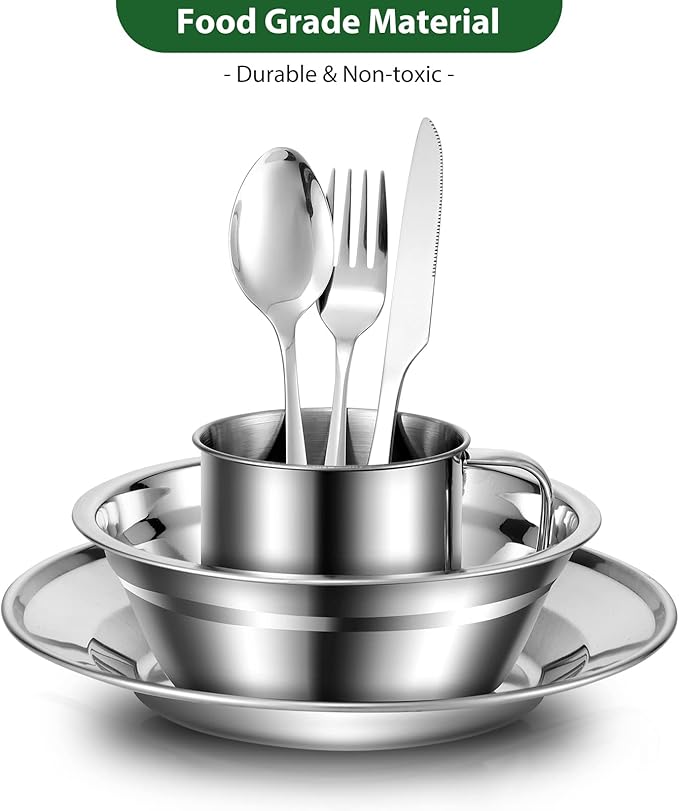 Odoland 29pcs Stainless Steel Utensils Camping Mess Kits for 4 Person | with Bowls Plates Cups Forks Spoons and Knives, Camping Cutlery Set for Backpacking, Family, Outdoor Hiking and Picnic