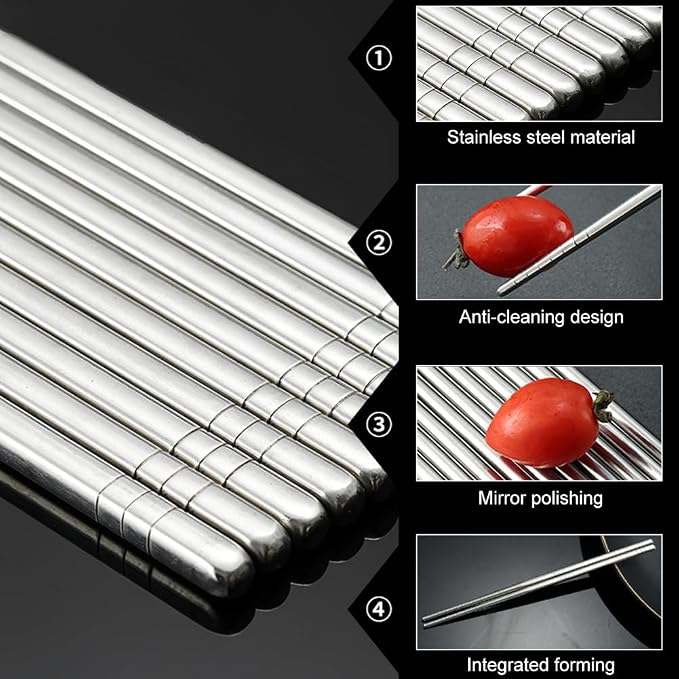 Metal Chopsticks Set 5 Pairs, Stainless Steel Square Chopsticks 8.86 in, Mirror Polished Silver, Non Slip Tip Reusable Chop Sticks for Noodles Dumplings Sushi, Dishwasher Safe