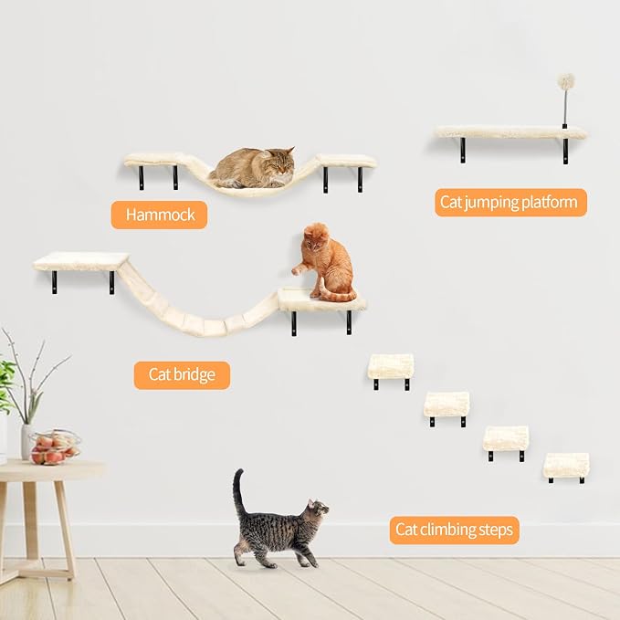 Wall-Mounted Cat Climber Set,Space-Saving Cat Wall Shelves for Large Cats | Multi-Level Climbing, Wood Wall Furniture, Perches, Bridge, Hammock, Scratcher, Indoor 40 lbs Small Place Corner Room Play