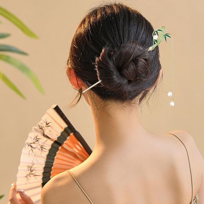 6PCS Chinese Hair Sticks Set, Gold White Japanese Hair Stick with Pearl Flower Bamboo Leaves Design Metal Hair Chopsticks Hair Bun Updo Holders Long Thick Hair Accessories for Women