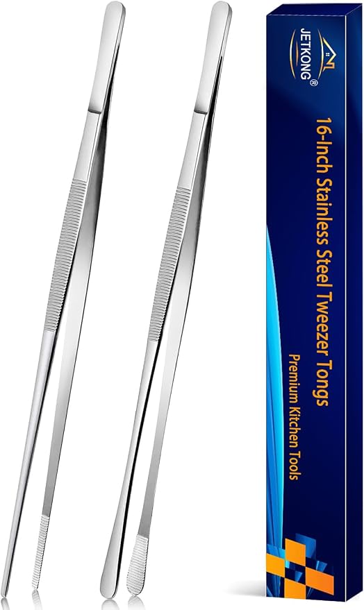 JETKONG 2 Pcs 16'' Tweezer Tongs, Extra Large Food Tweezers, Extra Long Kitchen Tweezers for Cooking Repairing and BBQ (16-Inch, Silver)