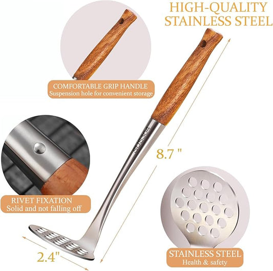 Avocado Masher Stainless Steel Small, Mini Potato Masher, Wooden Handle Potatoes Masher Kitchen Tool for Avocado, Potatoes, Beans, Vegetables, 8.7Inch Metal Mashing Utensil