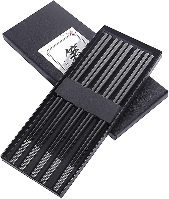 Metal Chopsticks Reusable Black Titanium Plated Stainless Steel Chopstick Dishwasher Safe Chop Sticks Japanese Korean Square Chopsticks 9.5Inches Non-Slip for Beginners Food Cooking 5 pairs Gift Set