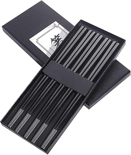 Metal Chopsticks Reusable Black Titanium Plated Stainless Steel Chopstick Dishwasher Safe Chop Sticks Japanese Korean Square Chopsticks 9.5Inches Non-Slip for Beginners Food Cooking 5 pairs Gift Set