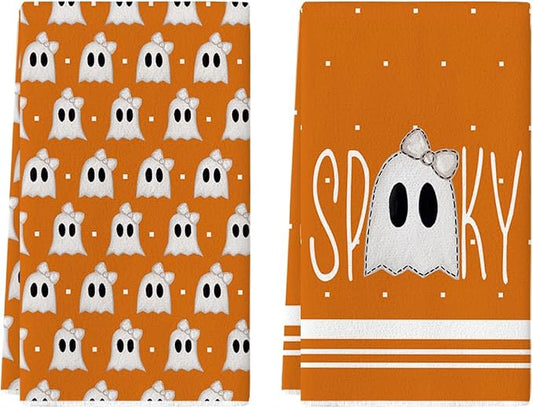 Artoid Mode Orange Ghost Halloween Kitchen Towels Set of 2 18x26 Inch | Spooky Bow Knot Hand & Dish Towels,Ultra Absorbent,Seasonal Farmhouse Decoration
