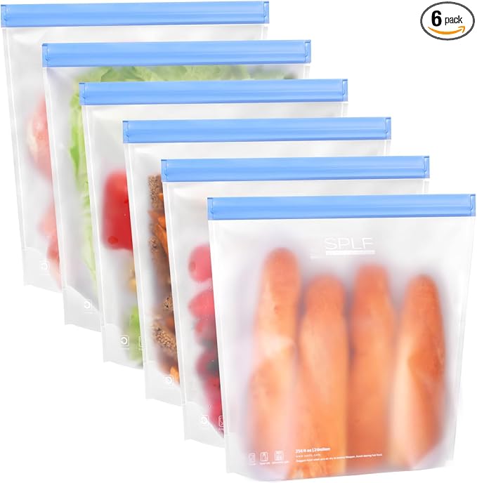 SPLF 6 Pack Stand-Up Reusable 2 Gallon Freezer Bags Dishwasher Safe | Reusable Freezer Bags 2 Gallon, Leakproof BPA Free Food Storage Bags for Marinate Meat, Veggies, Bread, Snack, Travel Item