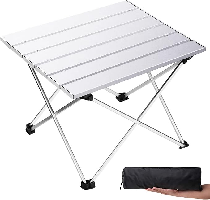 Grope Small Folding Camping Table, Aluminum Beach Table for Sand (Silver-M) | Portable & Easy to Carry, With Carry Bag for Camping, Prefect for Outdoor, Picnic, BBQ, Cooking, Festival, Beach, Home Use