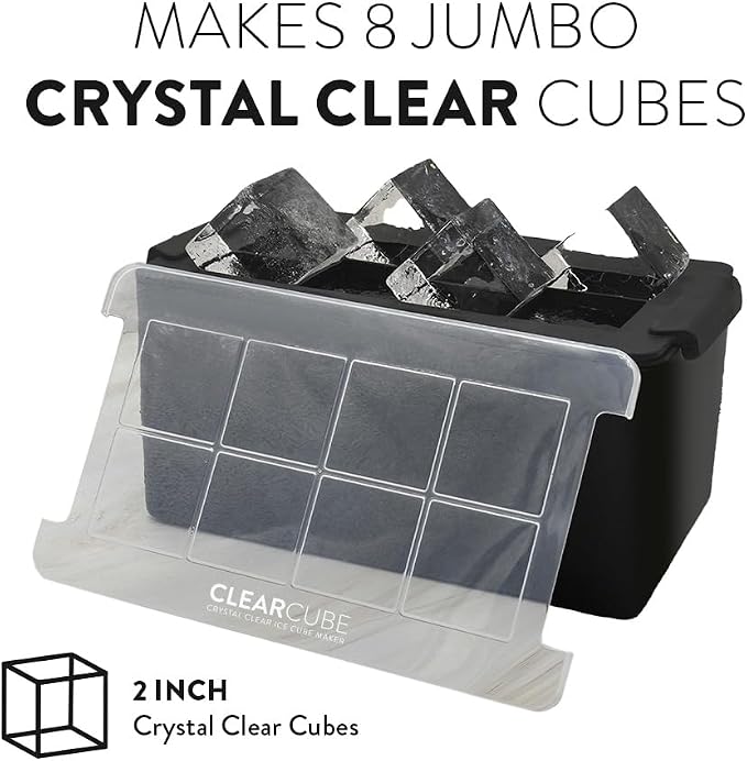 Clearcube Crystal Clear Ice Cube Maker - 6 Piece Directional Freezing System - Makes 8 Jumbo 2 Inch Crystal Clear Ice Cubes - No Odor Lid No Freezer Burn - Perfect for Whiskey Cocktails and More
