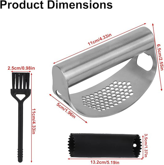 Stainless Steel Hand Garlic Presser Set, Hand Garlic Press with Plastic Peeler Tube and Brush Ginger Crusher Supplies for Kitchen Vegetable Processing Tools