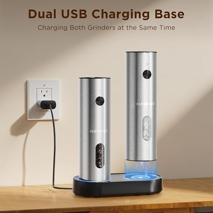 Newise Electric Salt and Pepper Grinder Set - Charging Base, Automatic Rechargeable Pepper Mill with Adjustable Coarseness, LED Lights, Large Capacity, Kitchen Appliance for Mom Wife