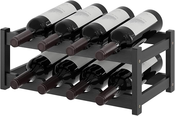 Wine Rack，Bamboo Wine Storage Cabinet Shelf，Countertop Wine Shelf- Freestanding Wine Holder for Kitchen & Pantry (Black, 2-Tier)