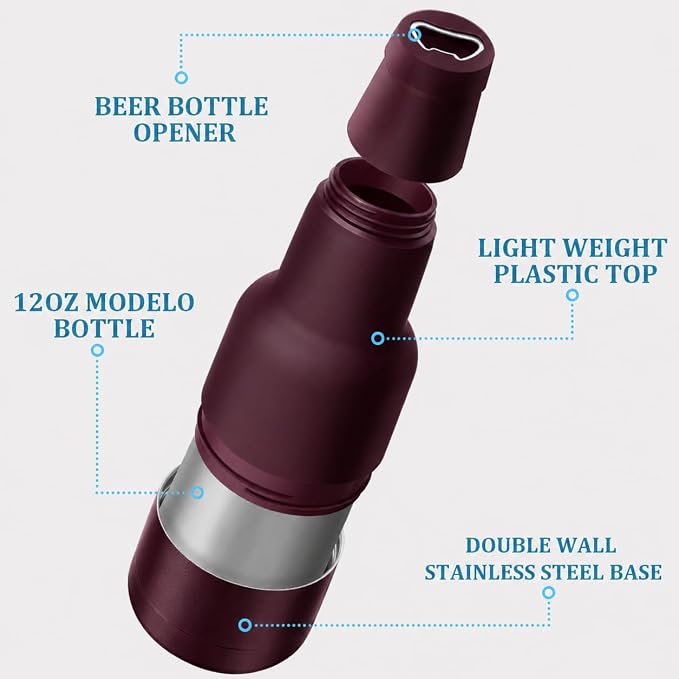 Beer Gift for Men, Lightweight Modelo Beverage Beer Bottle Cooler w/Beer Opener - Double Walled Stainless Steel 12oz. Modelo Beer Bottle Insulator Holder(Black Cherry)