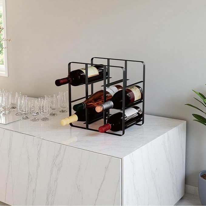 Buruis 9-Bottle Wine Rack, Modern Metal Countertop Wine Holder Stand for Kitchen, Pantry & Cabinet Storage, No Assembly Required, Black