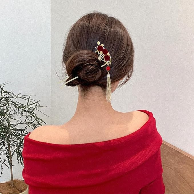Lawie 10 Pack Cute Flower Butterfly U Shaped Gold Metal Hair Fork Pins Curved Chopsticks for Hair Sticks with Dangles French Hair Pins Bun Holder Decorative Hair Accessories for Women Girls (Red)