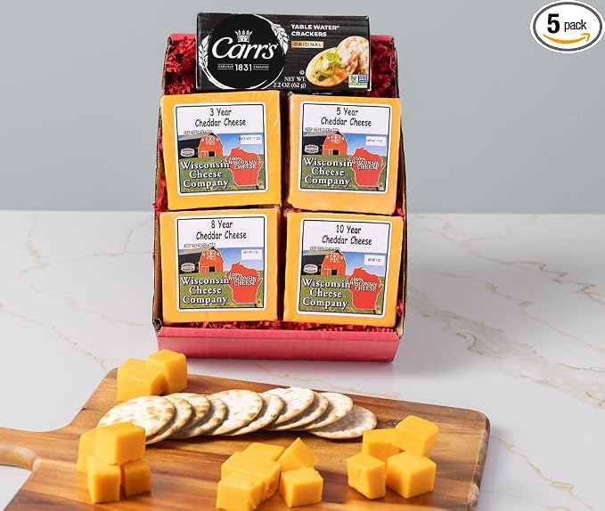 Wisconsin Cheese Company – Aged Cheddar Cheese and Crackers Gift Box – Includes Three, Five, Eight & Ten Year Aged Cheddar – Charcuterie Board Gift Set (Four 7.5 oz Blocks)