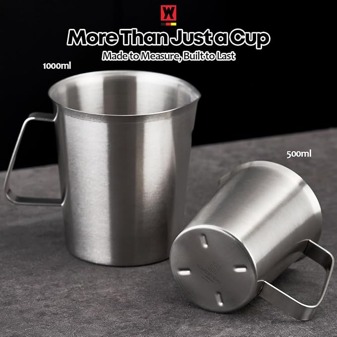 WAGENSTEIGER 18/8 Stainless Steel Measuring Cup: Metal Measuring Pitcher with Engraved Oz & ml Markings, Precision Pour Spout & Sturdy Handle – Baking, Coffee & Barista Use (500ml / 16.9Oz)