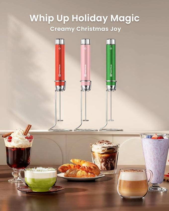 Maestri House LunaFro Max Rechargeable Milk Frother with Stepless Speed Control, Handheld Electric Foam Maker with Stand and Detachable Whisks for Lattes and Cappuccino, Ideal Gift, Christmas Green