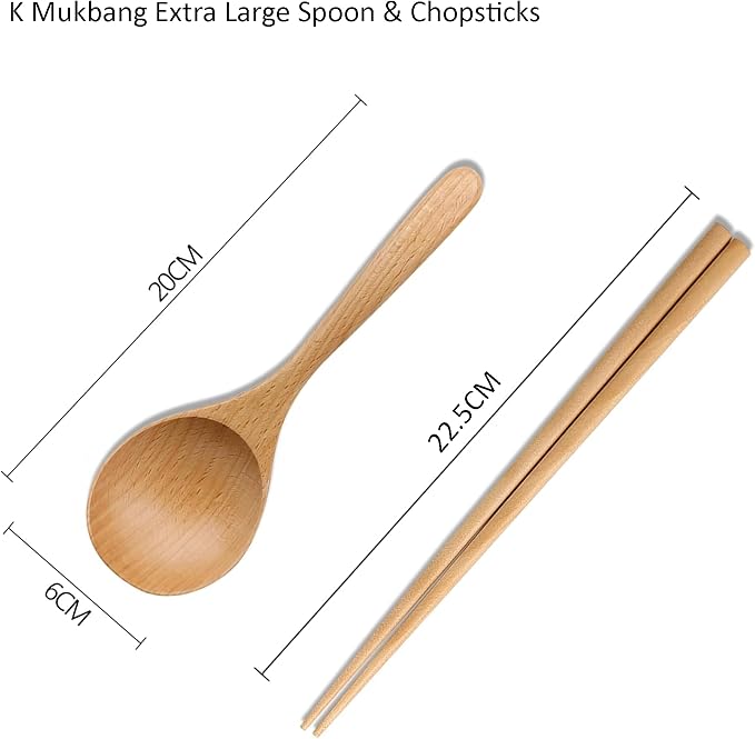 Korean Mukbang Spoon Chopsticks 2 Set Wood Ramen Udon 먹방 스푼 대왕 수저 | Extra Large Spoon and Chopsticks Set, Natural Wood Utensil 2 Set Korean Japanese Tableware 먹방 점보 수저 젓가락 국자