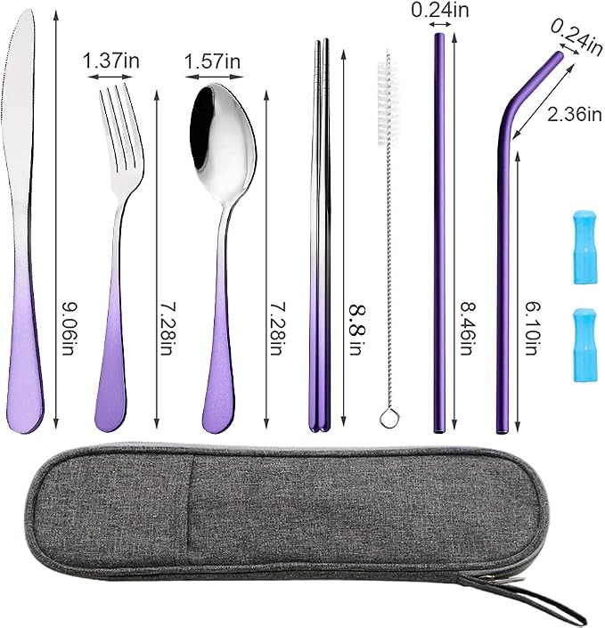 Travel Utensils Set with Case Reusable Portable Cutlery Set Stainless Steel 8pcs Including Dinner Knife Fork Spoon Chopsticks straws (Gradient Purple)