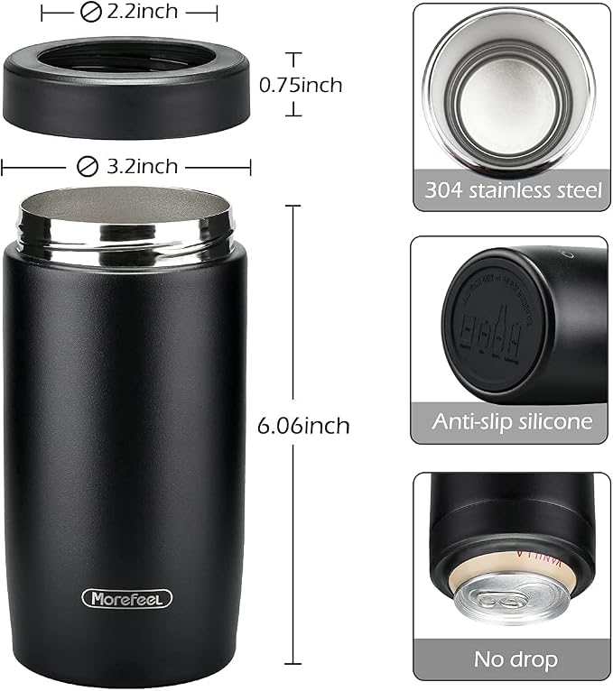 Morefeel 4-in-1 Insulated Can Cooler for 12 oz Cans & Bottles | 304 Stainless Steel Can Holder Fits 12 Oz Slim Cans, Standard Cans, Beer Bottles & Works as A Open Cup; Dishwasher Safe