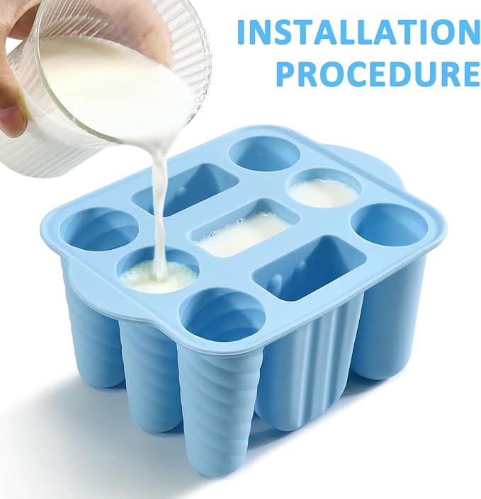 9 Cavity Popsicles Molds with 50pcs Wooden Sticks, Silicone Popsicle Mold, BPA Free Popsicle Maker Molds, Reusable Homemade Ice Pop Mold, Easy-Release Ice Cream Mold for Kids Adult DIY Ice Pops（Blue）
