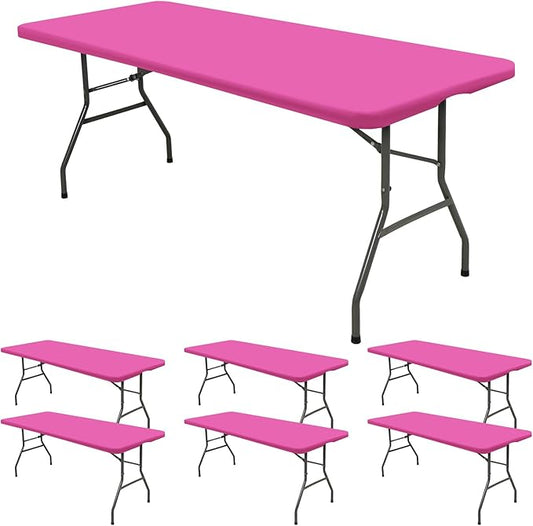 6 Pack Fitted Tablecloth for 6 Foot Rectangle Tables, Hot Pink Elastic Outdoor Picnic Table Cover, Washable Stretch Folding Table Cloths 6 ft for Camping Party Patio Kitchen Banquet, 30" W x 72" L