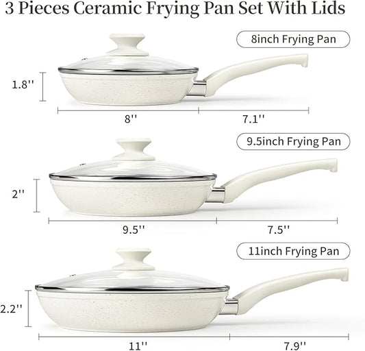 Ceramic Nonstick Frying Pan Set - White Pans With Lids, Induction Skillets for Eggs & Omelets, Healthy No Toxic Cookware, PFOA&PFAS Free