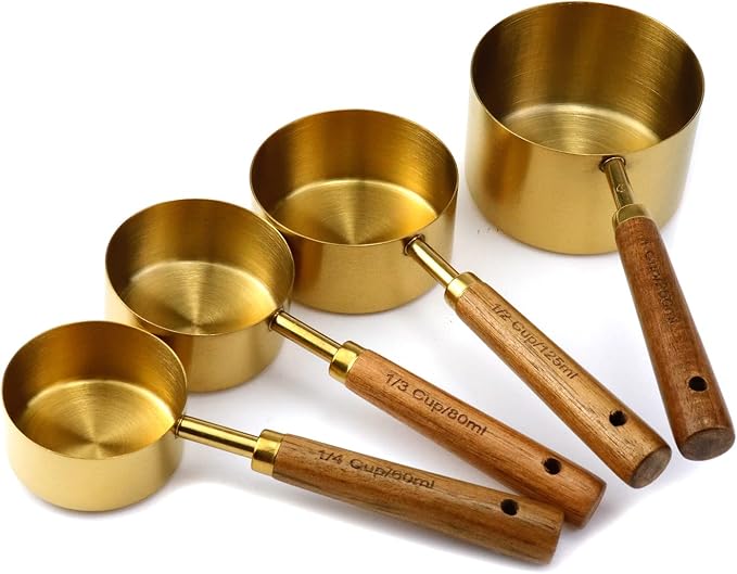 4pcs Stainless Steel Measuring Cups Wooden Handle, 4 Sizes, Gold | Measuring Cup and Spoon Set, Measuring Scoops, For Measuring Dry and Wet Ingredients, 250ml, 125ml, 80ml, 60ml