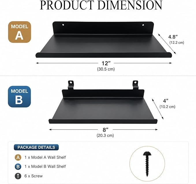 Floating Shelves for Wood Wall Panels,Metal Shelf for Storage Display,2pk | 8x4 Inch and 12x4.8 Inch,Black,Shelf Accessories,Wall Shelves Holder