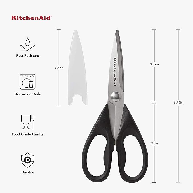 KitchenAid All Purpose Kitchen Shears with Protective Sheath Durable Stainless Steel Scissors, Dishwasher Safe, Soft Grip Comfort Handle, 8.72 Inch, Black, Pack of 12