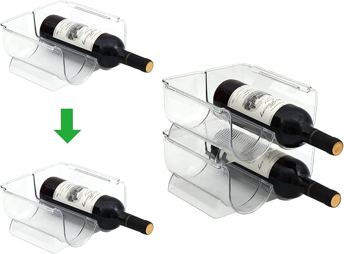 Set of 2 Stackable Tabletop Wine Rack, Free-Standing Counter Top Water Bottle Storage Organizer, Plastic Wine Rack for Kitchen Countertop, Cabinet and Fridge Organization, 2-Bottle 2 Packs