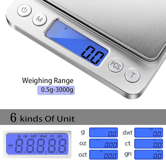 Fuzion Small Gram Scale 3000g, Digital Kitchen Food Scale, Gram and Ounce | 0.1g Accuracy, 6 Modes, 2 Trays Included, LCD Display, Tare, Piece Counting, For Food, Coffee, Cooking, Herb, Reptiles, Coins