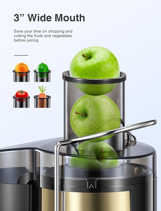 QCen Juicer Machine 500W Centrifugal Juicer with Extra Wide Feed Chute | For Fruits And Vegetables, Stainless Steel, BPA-Free Parts, Easy To Clean, Gold Finish, Compact Countertop Juicer