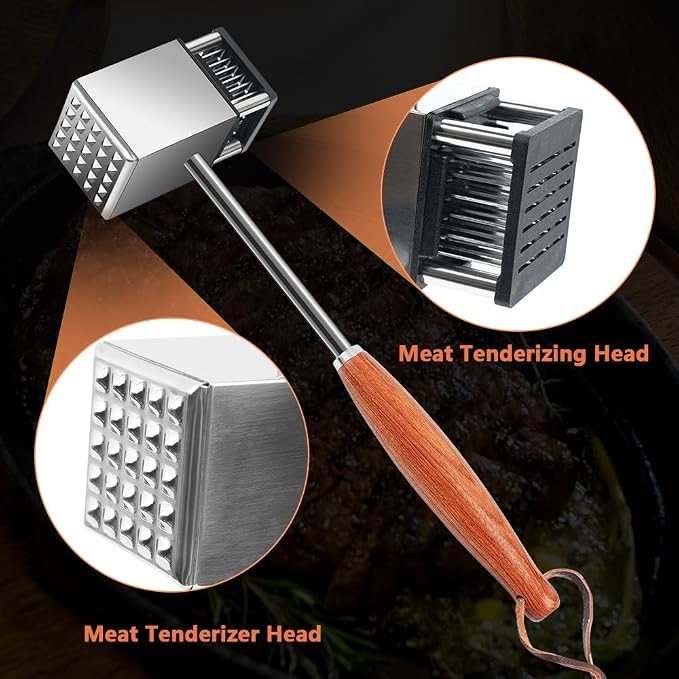 2 in 1 Stainless Steel Meat Tenderizer Hammer, Meat Mallet for Steak Pork | Non-Slip Rosewood Handle Meat Tenderizer, Dual Sides Heavy Duty Easy to Clean for Steak Beef Pork Poultry for Cooking Gift