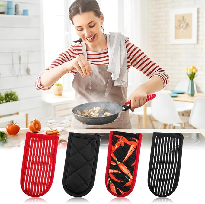 4Pcs Cast Iron Skillet Handle Covers Heat Resistant Pot Handle Covers ﻿ | Non Slip Cotton Pan Handle Sleeve Holder Mitts,Washable for Cast Iron Pans,Metal Pots, Griddles Cooking Supplies