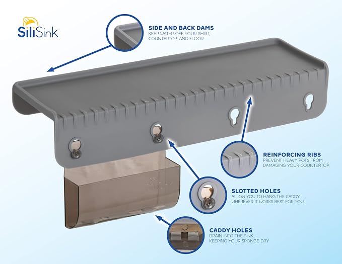 SiliProducts SiliSink Silicone Sink Edge Guard for Kitchen Sink - Fits 3.75” - 4” Wide - The Original Silicone Edge Protector with Sponge Caddy, 14” Gray
