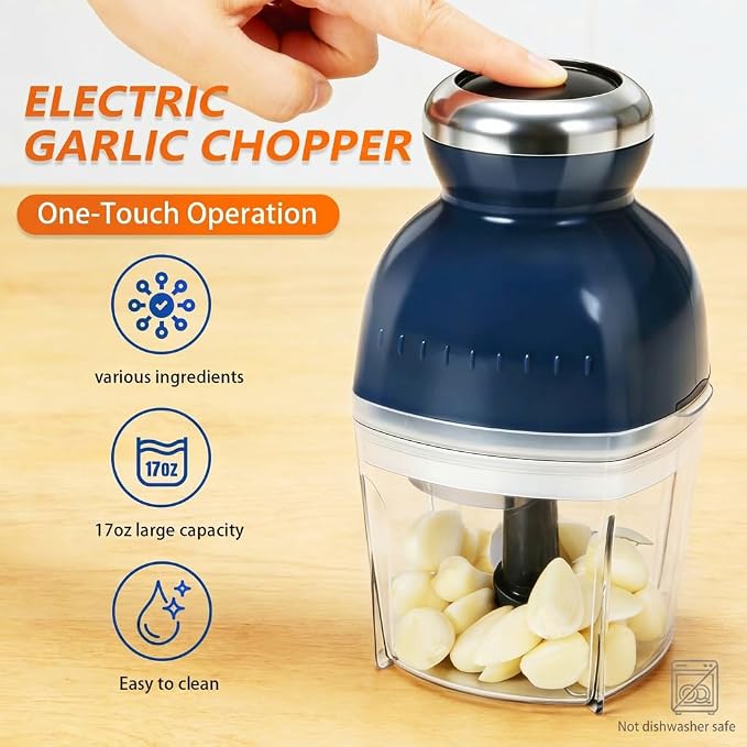 Brigii Electric Garlic Mincer & Onion Chopper, 17oz Mini Food Processor | 250W motor, one-touch control, stainless steel S-blades, chops, minces, grinds, whisks