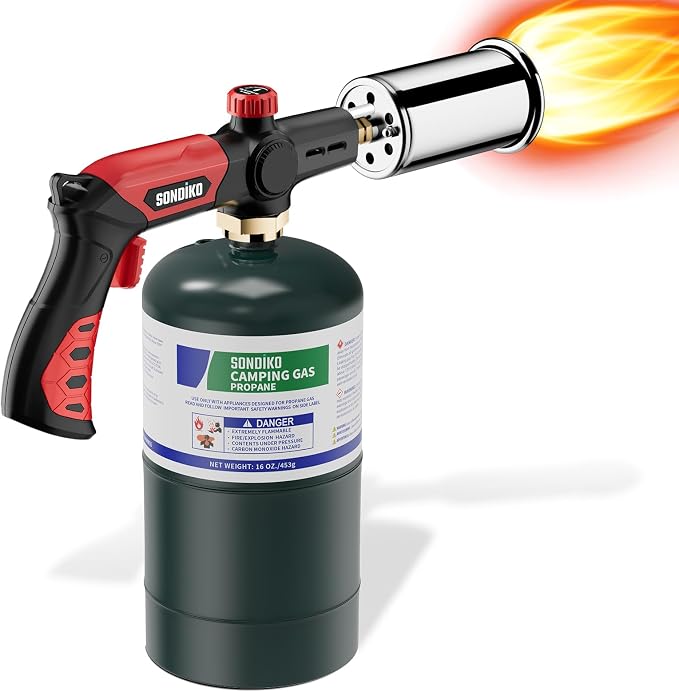 Sondiko Powerful Grill & Cooking Propane Torch L8010, Sous Vide, Campfire Starter, Adjustable Wood Torch Burner for Searing Steak, BBQ, Welding(Red & Black) Propane Tank Not Included | Torch Gun Torch Burner, Hand Held Blow Torch, Best Gift for Men