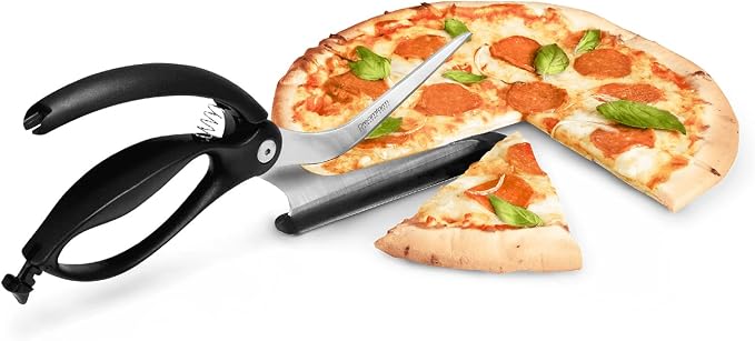 Dreamfarm Scizza 2-In-1 Easy Ergonomic Pizza Scissors with Stainless Steel Pizza Cutter Blades & Non-Stick Slice Server - Black | Cuts and serves pizza with non-scratch, heat resistant serving base, spring-loaded German stainless steel blades