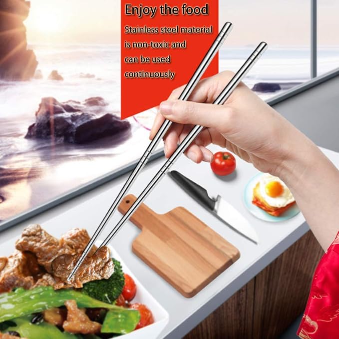 5 Pairs Metal Chopsticks, Stainless Steel Chopsticks Set, Reusable, Lightweight 304 Non-Slip Chop Sticks, Dishwasher Safe, Japanese Korean for Cooking, 8.9 Inch, Silver