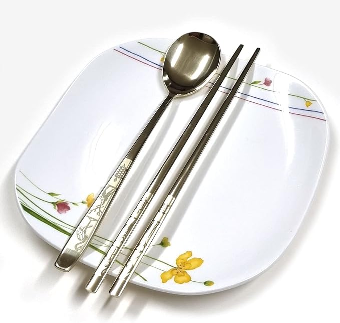 GARASANI Korean Traditional Spoon and Chopsticks Gold Titanium Plated Stainless Steel Cutlery (Gold Longevity)